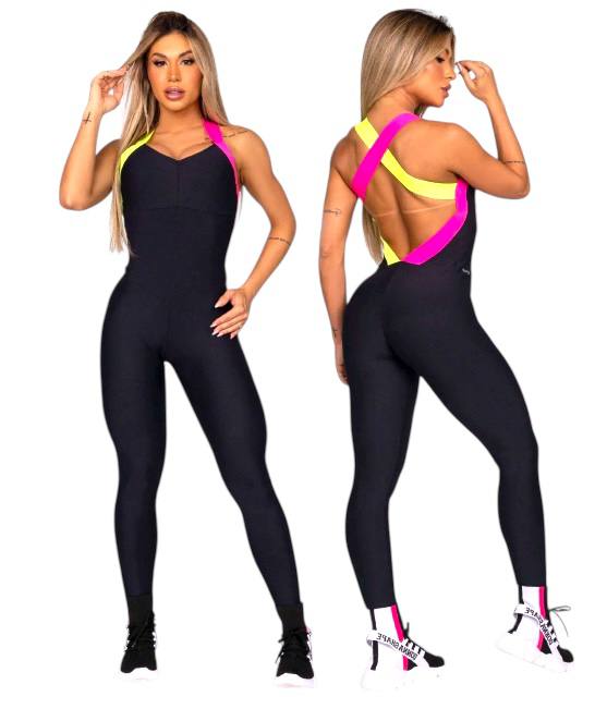 Energize Crisscross Back Jumpsuit – Black One-Piece Activewear with Neon Straps