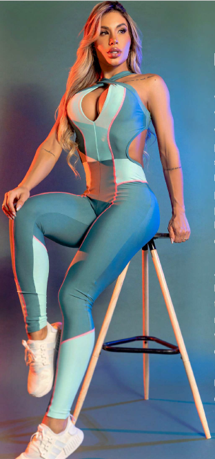 Teal & Aqua Cutout One-Piece Workout Jumpsuit – Sculpting Seamless Activewear for Women