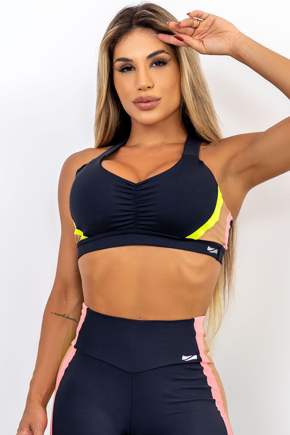 Colorblock V-Neck Sports Bra – Black, Pink & Yellow Contrast Active Top