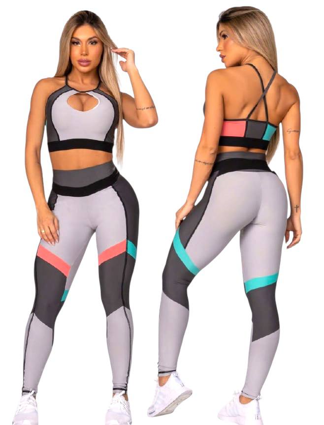 Carbon Cutout Sports Bra – Grey Polyamide & Elastane Colorblock Active Top