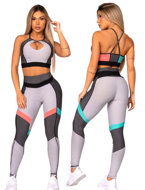 Carbon Cutout Sports Bra – Grey Polyamide & Elastane Colorblock Active Top