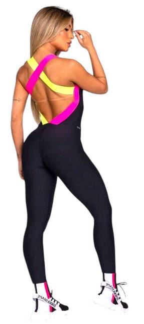 Energize Crisscross Back Jumpsuit – Black One-Piece Activewear with Neon Straps
