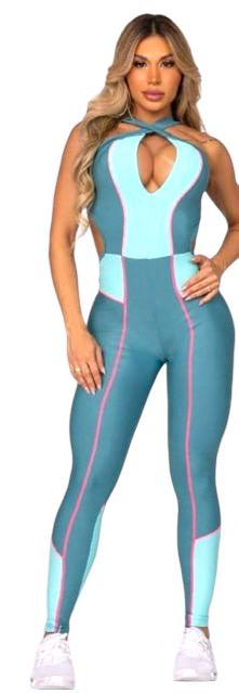Teal & Aqua Cutout One-Piece Workout Jumpsuit – Sculpting Seamless Activewear for Women