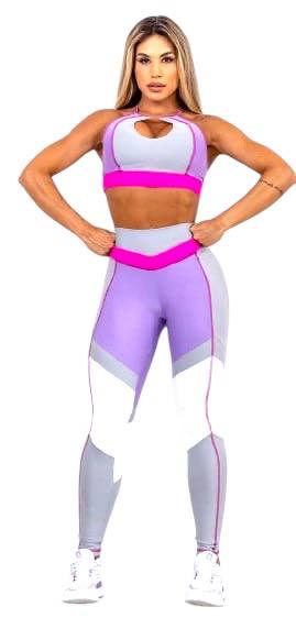 Vibrant Pink & Grey Fitness Set – Criss-Cross Back Sports Bra and High-Waisted Leggings