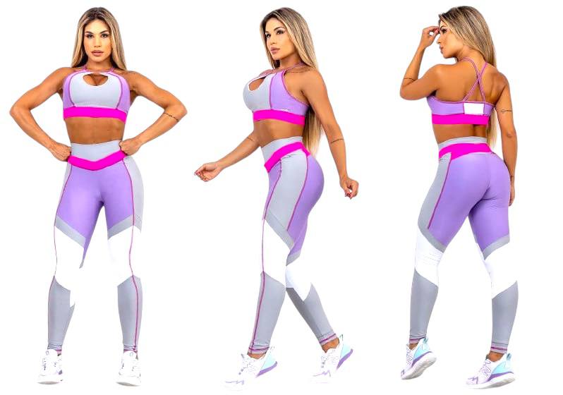 Vibrant Pink & Grey Fitness Set – Criss-Cross Back Sports Bra and High-Waisted Leggings