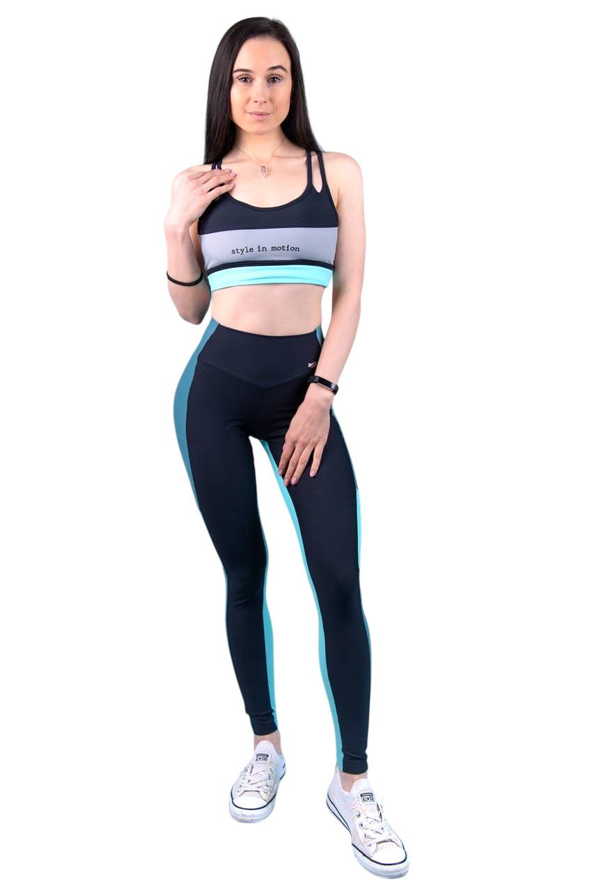 Skyline Motion Sports Bra – Black, Grey & Aqua Contrast Active Top