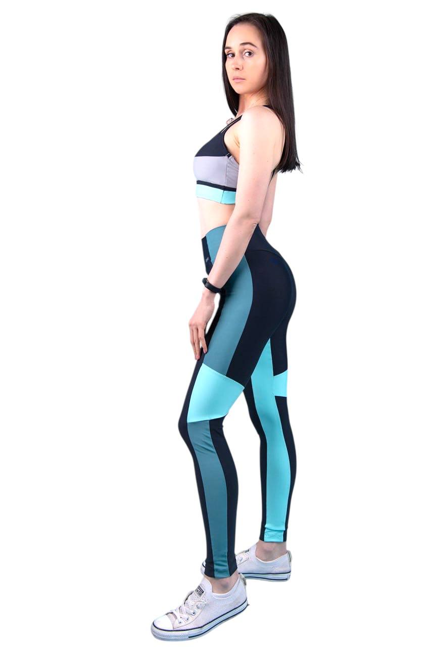 Skyline Motion Sports Bra – Black, Grey & Aqua Contrast Active Top