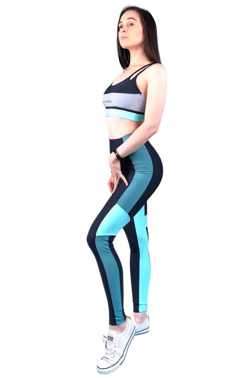 Skyline Motion Sports Bra – Black, Grey & Aqua Contrast Active Top