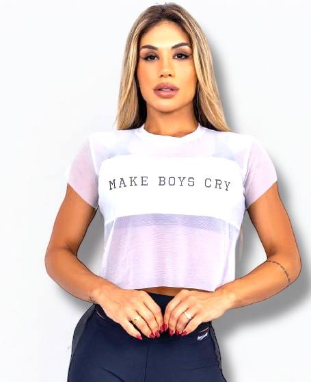 "Make Boys Cry" Sheer Mesh Crop Tee – Bold Statement Activewear Top