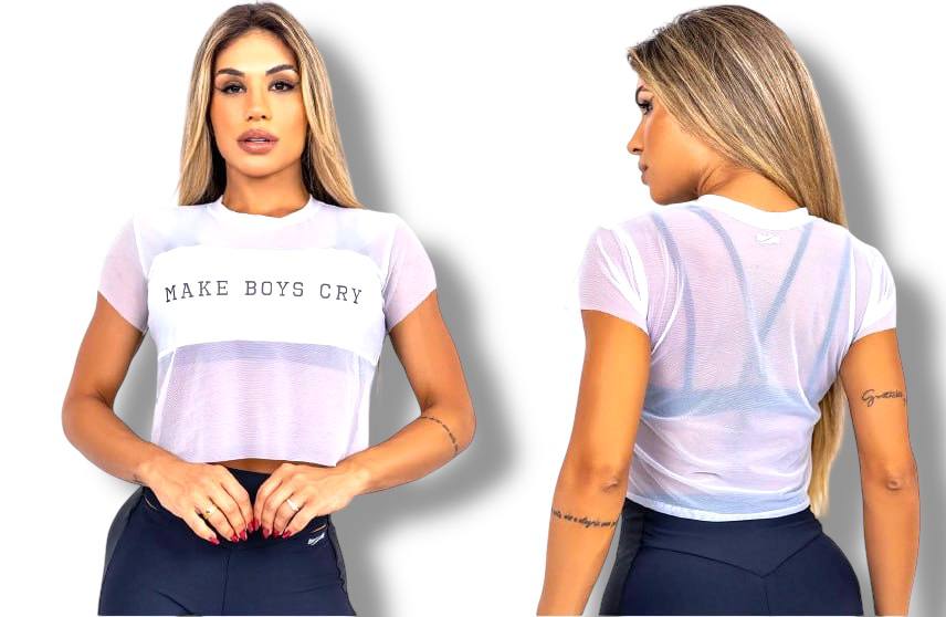 "Make Boys Cry" Sheer Mesh Crop Tee – Bold Statement Activewear Top