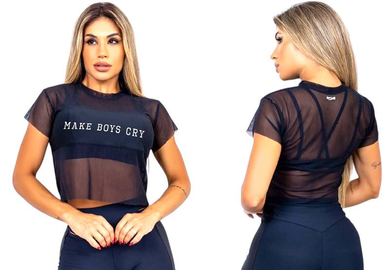"Make Boys Cry" Sheer Mesh Crop Tee – Bold Statement Activewear Top