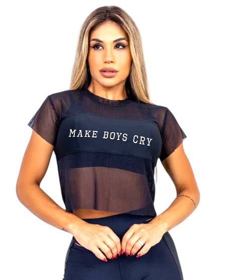 "Make Boys Cry" Sheer Mesh Crop Tee – Bold Statement Activewear Top