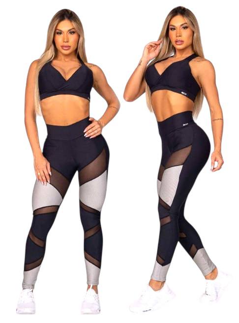 ZNG Sleek Mesh Panel Sports Bra – Black & Gray Crossover Active Top