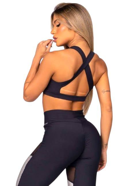 ZNG Sleek Mesh Panel Sports Bra – Black & Gray Crossover Active Top